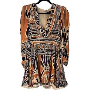NWT Patbo Orange & Black Geometric Pattern Fringe Trim Mini Dress Size 8